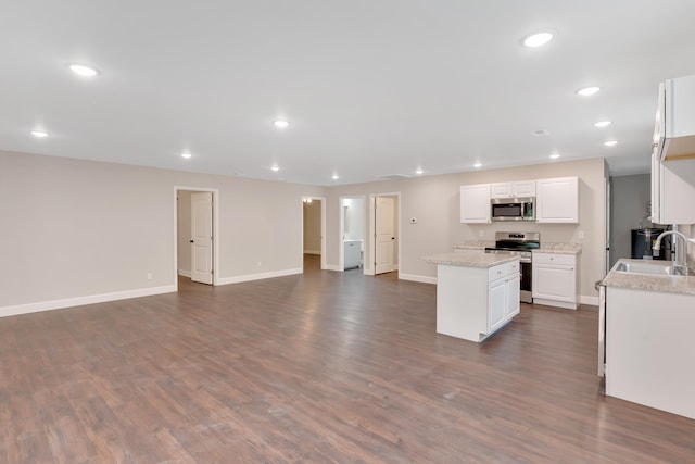 kitchen featuring a center island, white cabinets, sink, appliances with stainless steel finishes, and dark hardwood / wood-style flooring