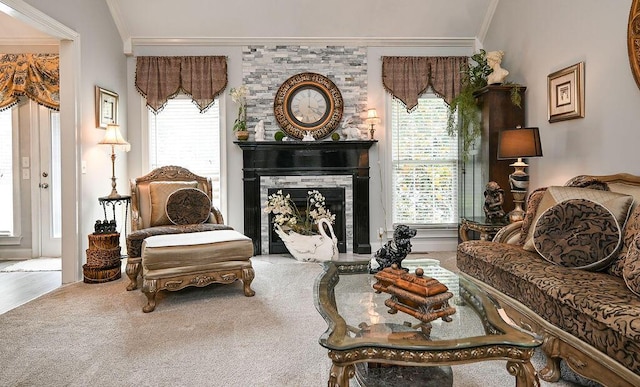 1967 Weston Hills Dr NW, Cleveland, TN 37312 - carpeted living area with ornamental molding, plenty of natural light, and a fireplace
