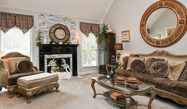 1967 Weston Hills Dr NW, Cleveland, TN 37312 - carpeted living area with lofted ceiling, ornamental molding, and a fireplace with flush hearth