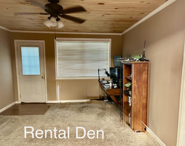 home office with carpet, ceiling fan, wooden ceiling, and crown molding