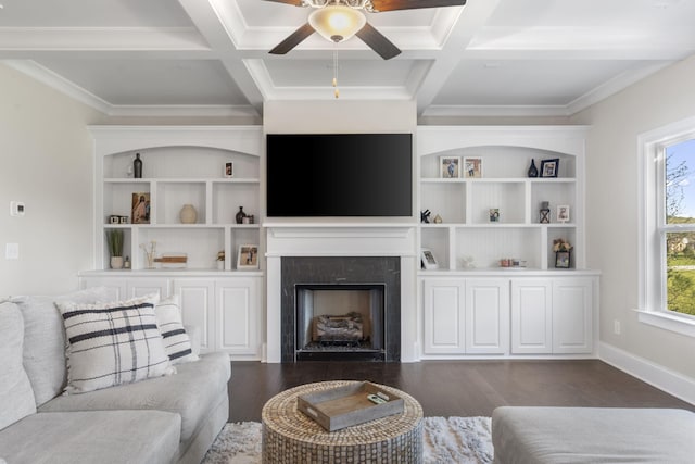 living room featuring dark hardwood / wood-style floors, beam ceiling, a premium fireplace, and coffered ceiling