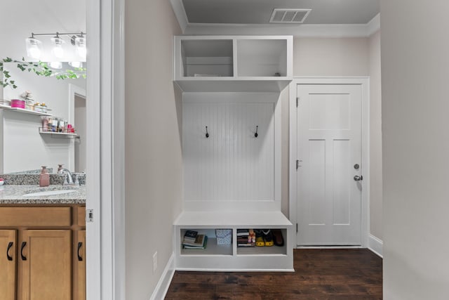 mudroom featuring ornamental molding, dark wood-type flooring, and sink