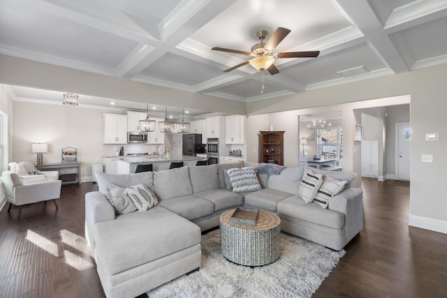 living room featuring beam ceiling, ceiling fan, dark wood-type flooring, coffered ceiling, and ornamental molding