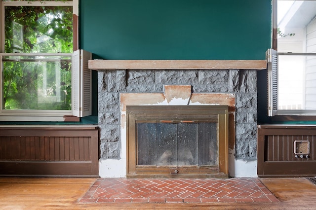room details with a fireplace with flush hearth