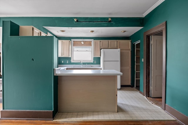 kitchen featuring freestanding refrigerator, light countertops, crown molding, and a sink