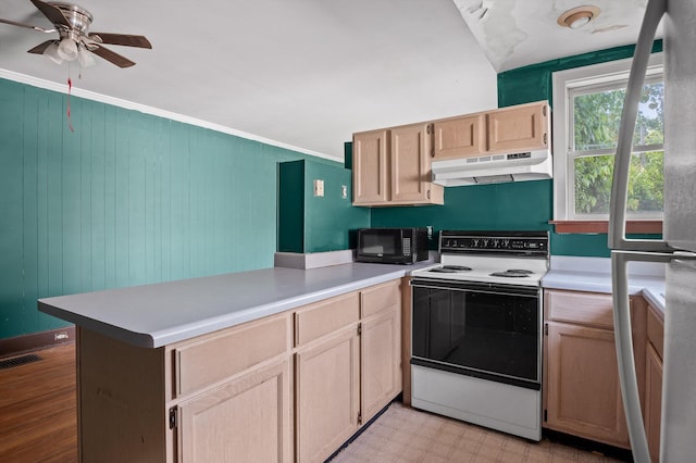 kitchen with under cabinet range hood, ceiling fan, black microwave, white range with electric cooktop, and a peninsula