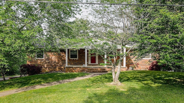 obstructed view of property featuring brick siding and a front lawn