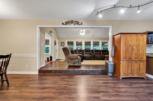 living room featuring a textured ceiling, plenty of natural light, and dark wood-type flooring