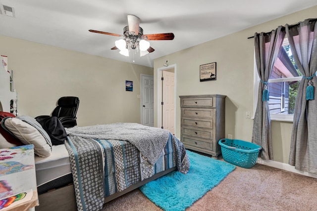 bedroom featuring carpet floors and ceiling fan