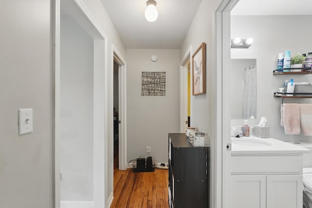 hallway featuring a sink and wood finished floors
