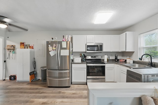 kitchen with a sink, white cabinetry, light wood finished floors, and stainless steel appliances