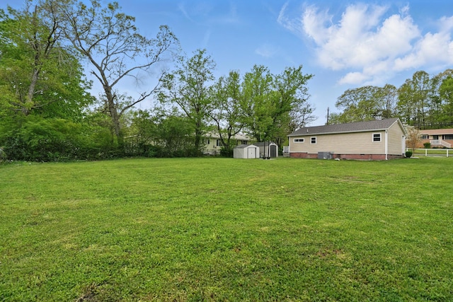 view of yard with an outdoor structure and a shed