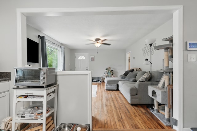 living area with a ceiling fan, wood finished floors, and a toaster