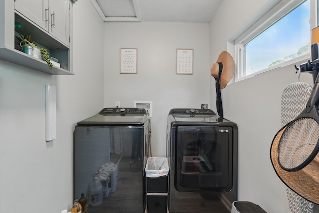 clothes washing area featuring washing machine and clothes dryer and cabinet space
