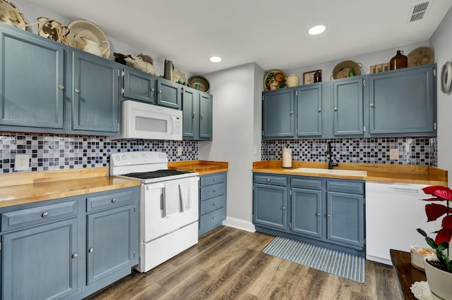 kitchen featuring blue cabinetry, white appliances, tasteful backsplash, and sink