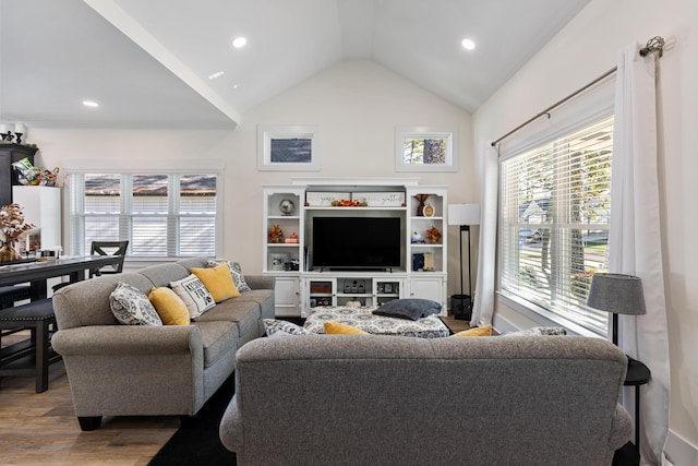 living room with vaulted ceiling and light hardwood / wood-style flooring