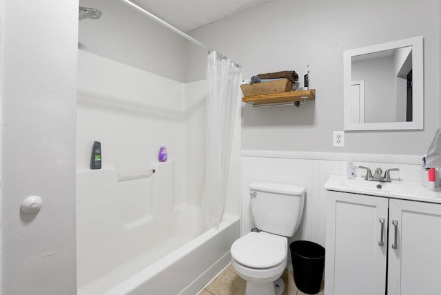 full bathroom with tile patterned flooring, vanity, toilet, and shower / bathtub combination with curtain