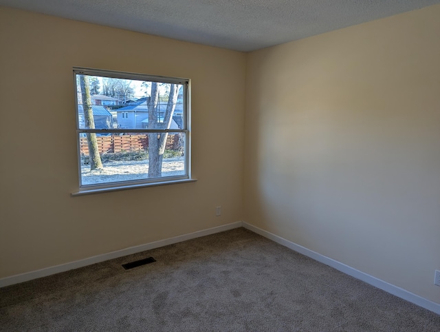 carpeted empty room featuring a textured ceiling