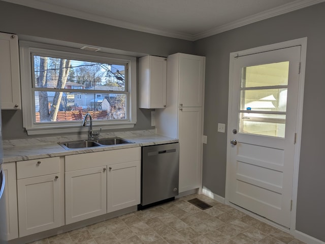 kitchen with sink, light stone counters, ornamental molding, dishwasher, and white cabinets