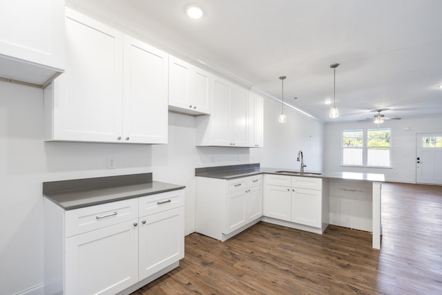 kitchen with white cabinetry, ceiling fan, sink, dark wood-type flooring, and decorative light fixtures