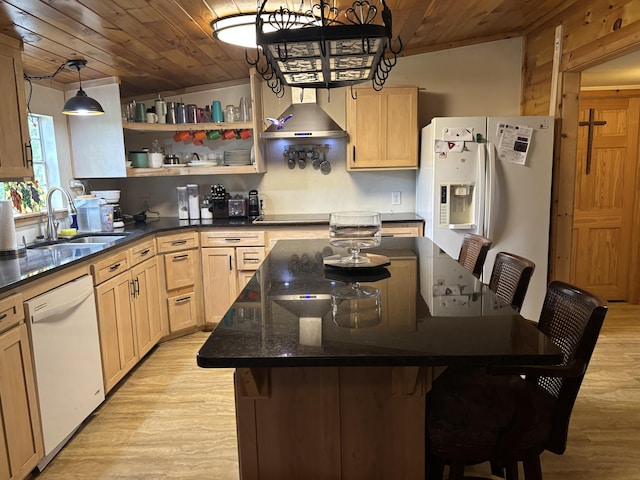 2025 County Road 750, Calhoun, TN 37309 - kitchen featuring white appliances, wooden ceiling, a sink, light wood-style floors, and a kitchen breakfast bar