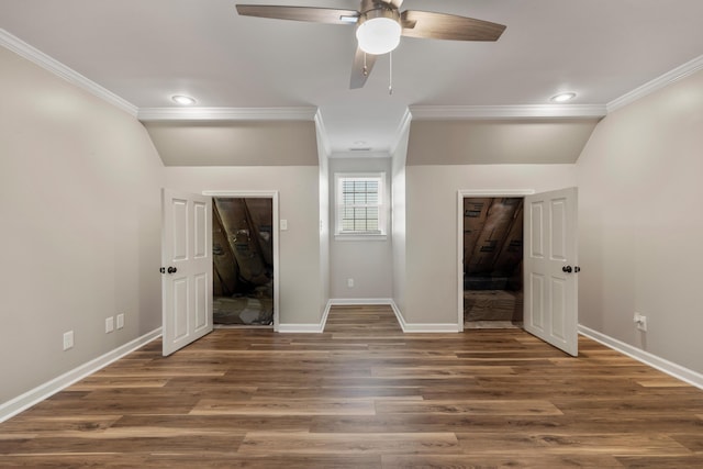 interior space with crown molding, ceiling fan, and dark hardwood / wood-style flooring