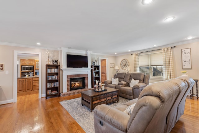 living room featuring crown molding, a fireplace, and light hardwood / wood-style floors