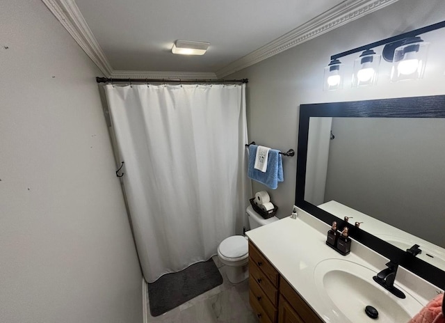 full bath with vanity, ornamental molding, toilet, and marble finish floor