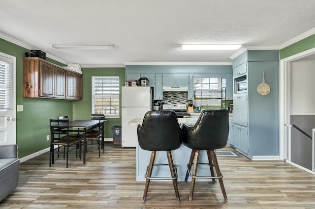 kitchen with under cabinet range hood, crown molding, electric stove, and freestanding refrigerator