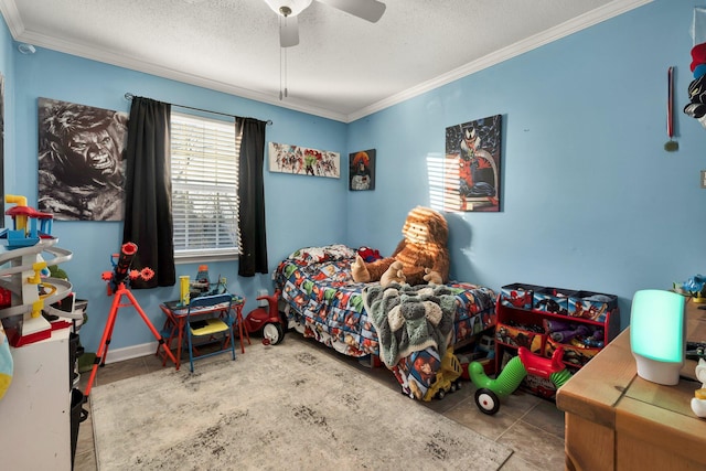 bedroom with ceiling fan, ornamental molding, and a textured ceiling