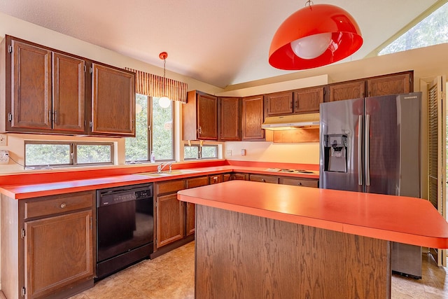 604 Augusta National Way, Knoxville, TN 37934 - kitchen with dishwasher, under cabinet range hood, white stovetop, decorative light fixtures, and a kitchen island