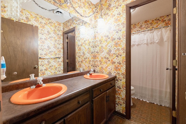 604 Augusta National Way, Knoxville, TN 37934 - full bathroom with wallpapered walls, double vanity, brick patterned floors, and curtained shower