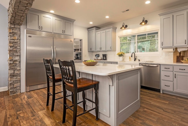 kitchen with gray cabinetry, a center island, dark wood-type flooring, decorative backsplash, and stainless steel appliances