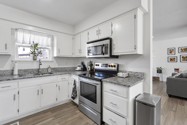 kitchen featuring light stone countertops, light wood finished floors, stainless steel appliances, and a sink