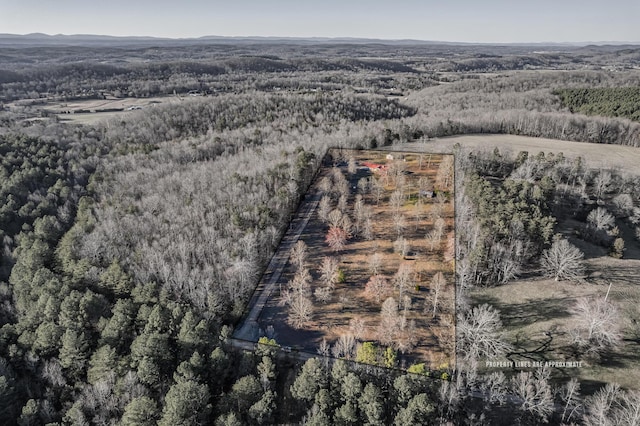 aerial view featuring a wooded view