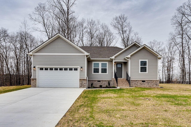 ranch-style house with a front lawn, roof with shingles, a garage, crawl space, and driveway