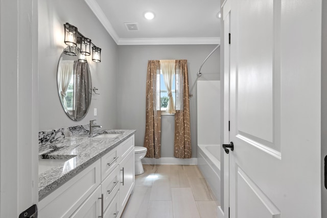 full bathroom with shower / bath combination with curtain, vanity, toilet, and crown molding