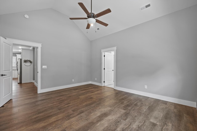 unfurnished room featuring ceiling fan, dark hardwood / wood-style flooring, and high vaulted ceiling