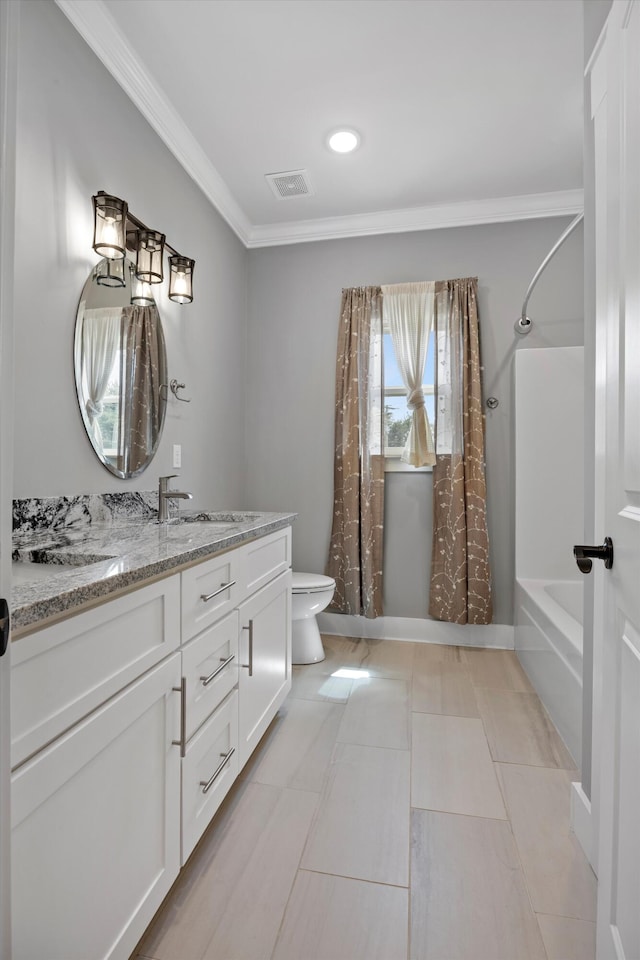 full bathroom with vanity, tile patterned floors, toilet, ornamental molding, and shower / bath combo with shower curtain