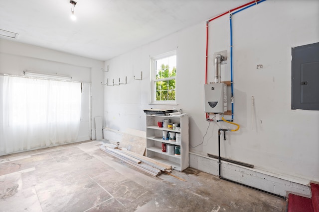 interior space with electric panel and tankless water heater