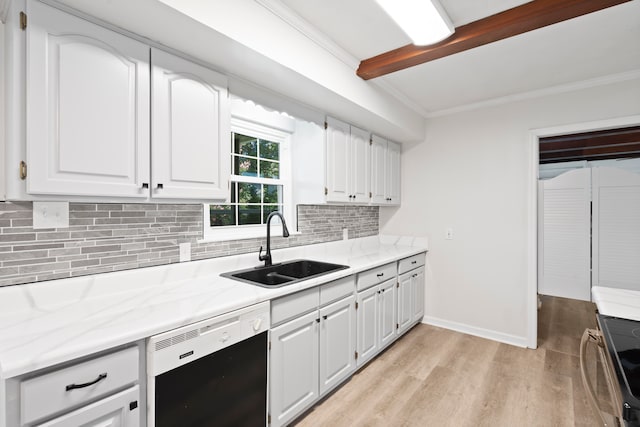 kitchen with ornamental molding, sink, light hardwood / wood-style flooring, black dishwasher, and white cabinetry