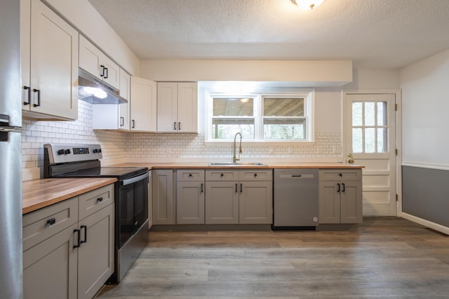 kitchen featuring gray cabinets, stainless steel appliances, butcher block countertops, and sink