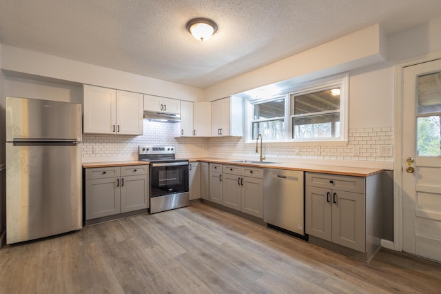 kitchen featuring a healthy amount of sunlight, sink, stainless steel appliances, and wood counters