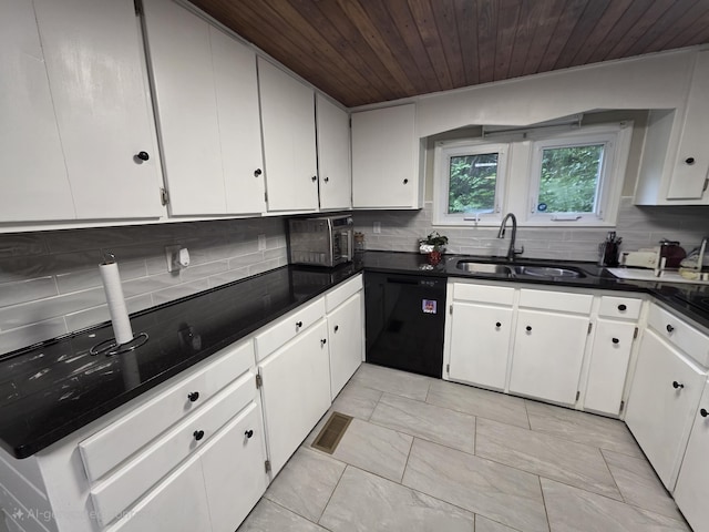 1568 Perry St SE, Cleveland, TN 37311 - kitchen featuring black dishwasher, wooden ceiling, a sink, backsplash, and dark countertops