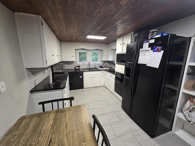1568 Perry St SE, Cleveland, TN 37311 - kitchen with black appliances, wooden ceiling, dark countertops, a sink, and backsplash
