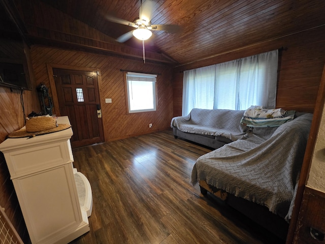 1568 Perry St SE, Cleveland, TN 37311 - living room with wooden walls, lofted ceiling, ceiling fan, wooden ceiling, and dark wood-style floors