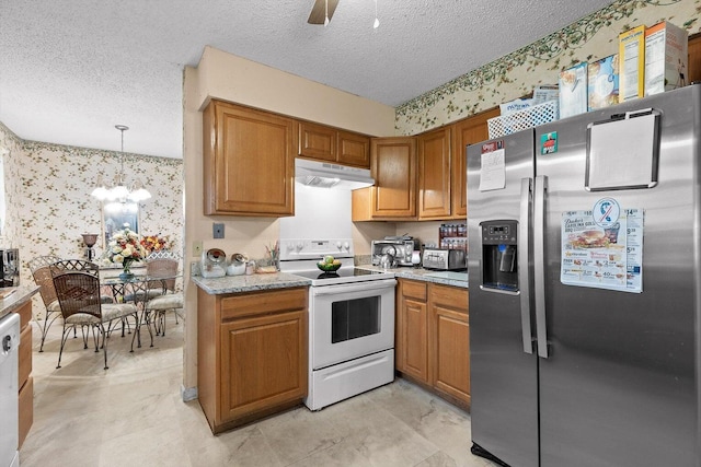 250 Rocky Ford Rd, Rossville, GA 30741 - kitchen featuring wallpapered walls, white appliances, a textured ceiling, under cabinet range hood, and brown cabinetry