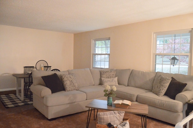 living room with carpet, plenty of natural light, and a textured ceiling