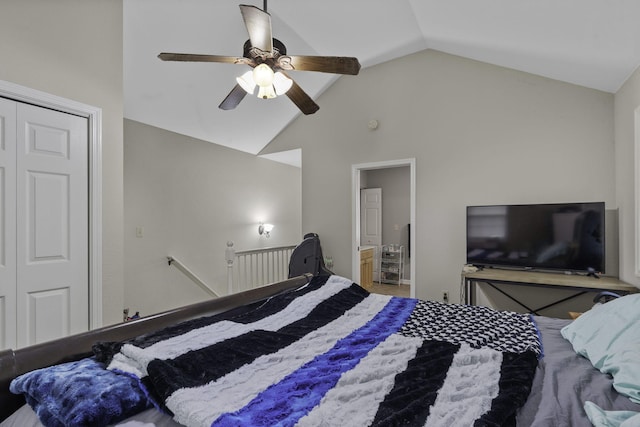 bedroom with a closet, high vaulted ceiling, and ceiling fan