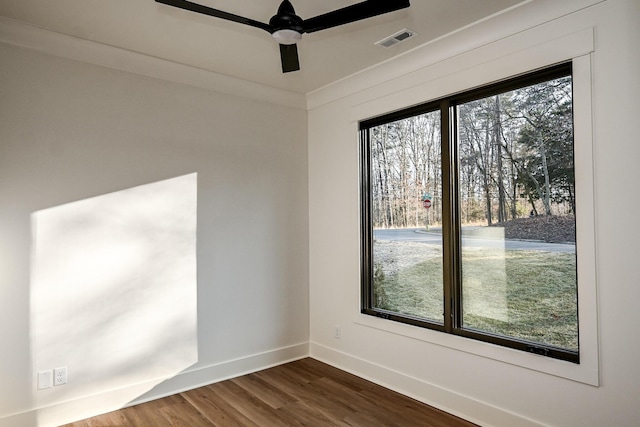 unfurnished room featuring ceiling fan, a wealth of natural light, and wood-type flooring